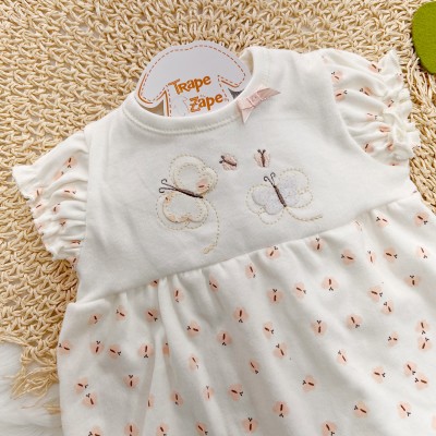 Macacão Curto Malha Trape Zape - Borboleta e Borboletinhas - Off White e Salmão